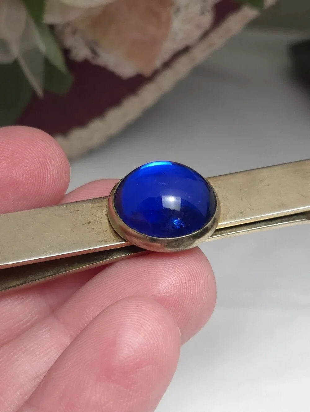Vintage Gold Plated Cobalt Blue Glass Cabochon Tie Bar Clip or Money Clip